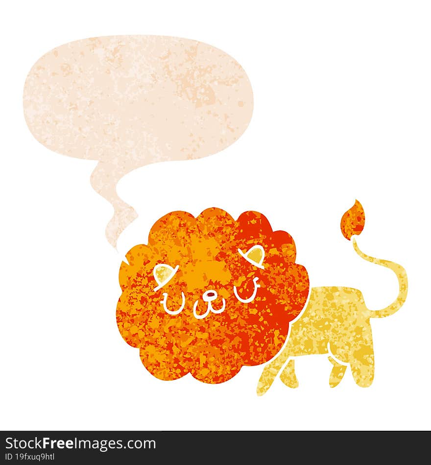 cartoon lion and speech bubble in retro textured style