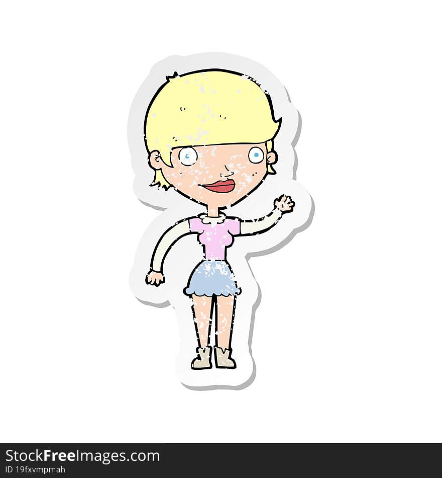 retro distressed sticker of a cartoon woman with idea