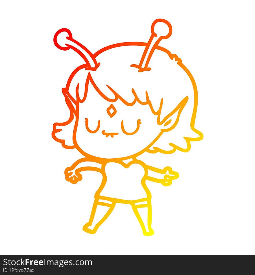 warm gradient line drawing of a cartoon alien girl