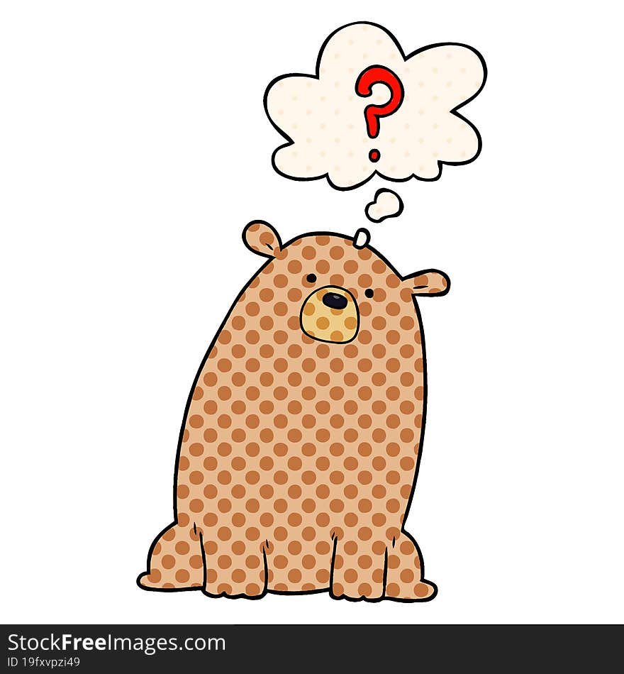 cartoon curious bear and thought bubble in comic book style