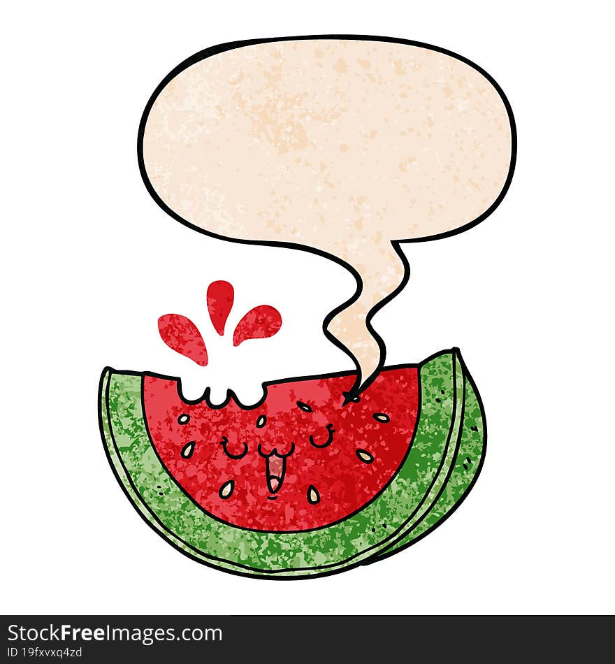 cartoon watermelon and speech bubble in retro texture style