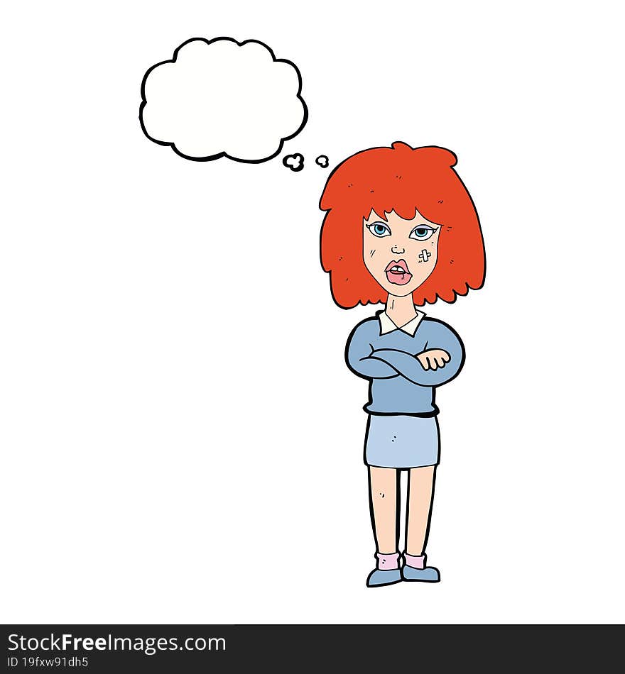 cartoon tough woman with folded arms with thought bubble