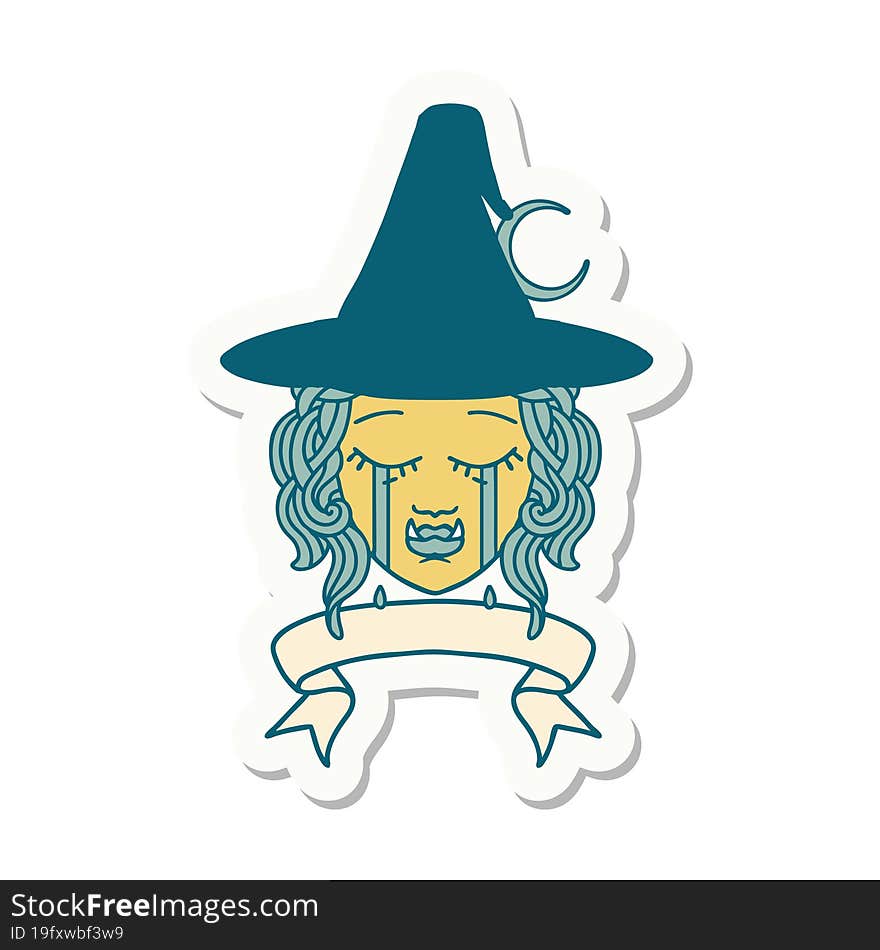 sticker of a crying half orc witch character face. sticker of a crying half orc witch character face