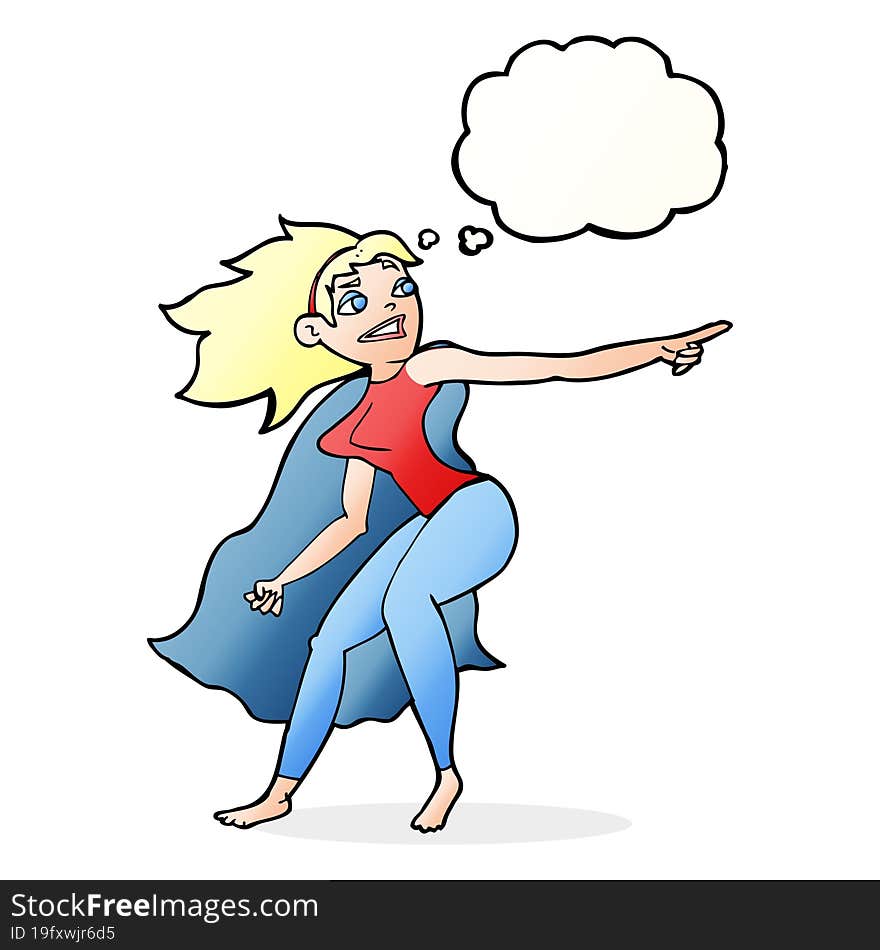 Cartoon Superhero Woman Pointing With Thought Bubble