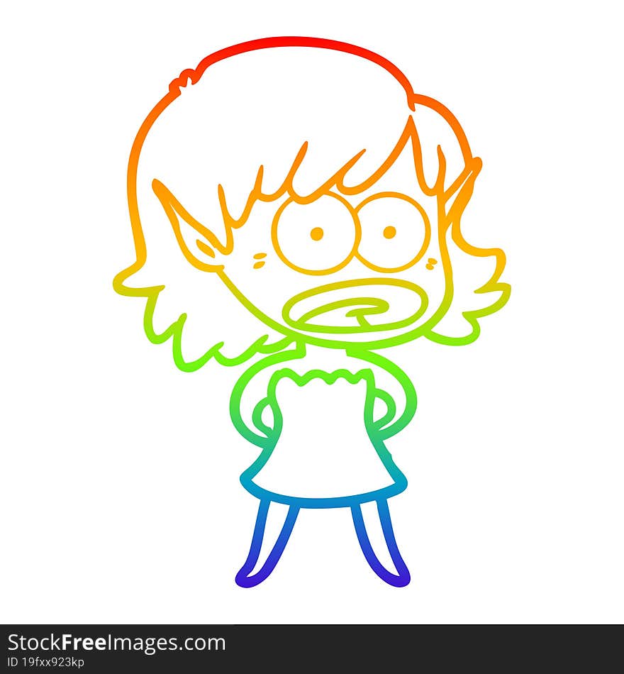 Rainbow Gradient Line Drawing Cartoon Shocked Elf Girl