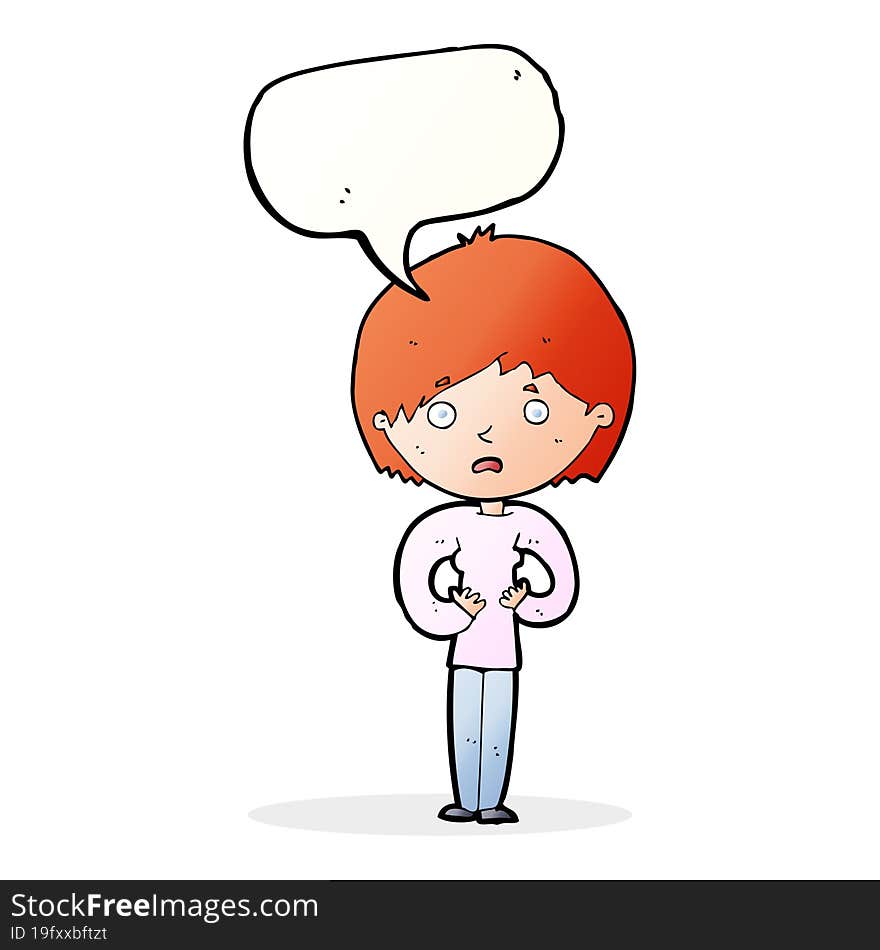 cartoon woman making Who Me gesture with speech bubble