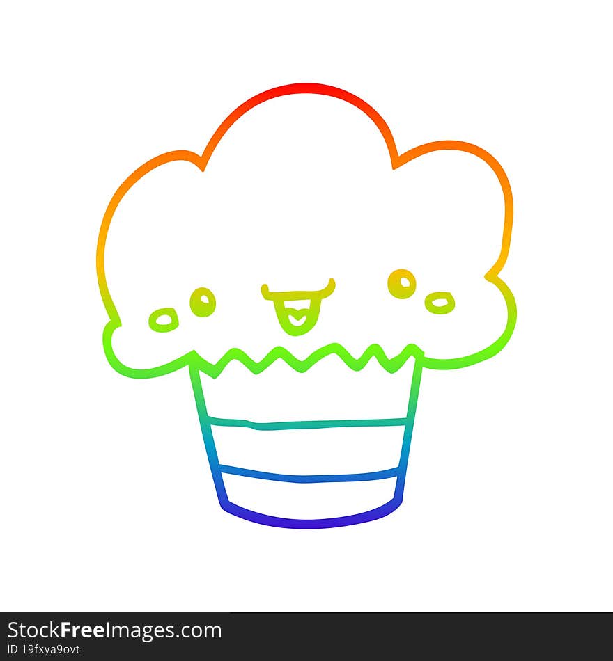 rainbow gradient line drawing of a cartoon cupcake with face