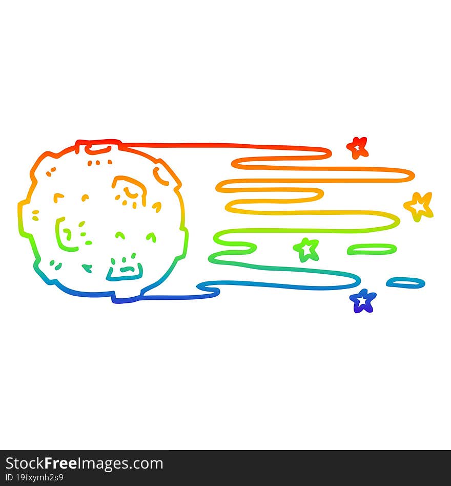 rainbow gradient line drawing cartoon flying asteroid