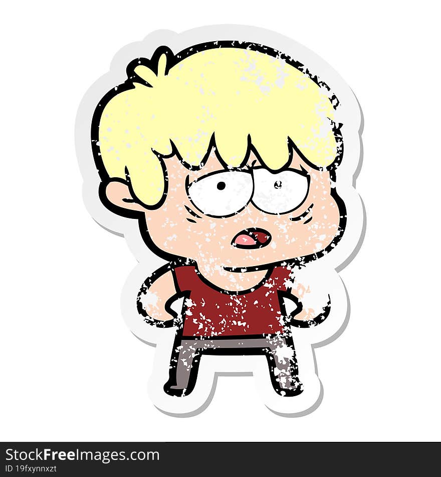 distressed sticker of a cartoon exhausted boy