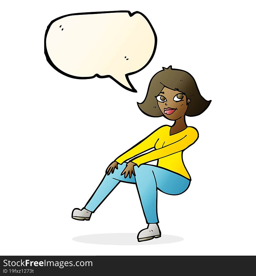 Cartoon Happy Woman Sitting With Speech Bubble