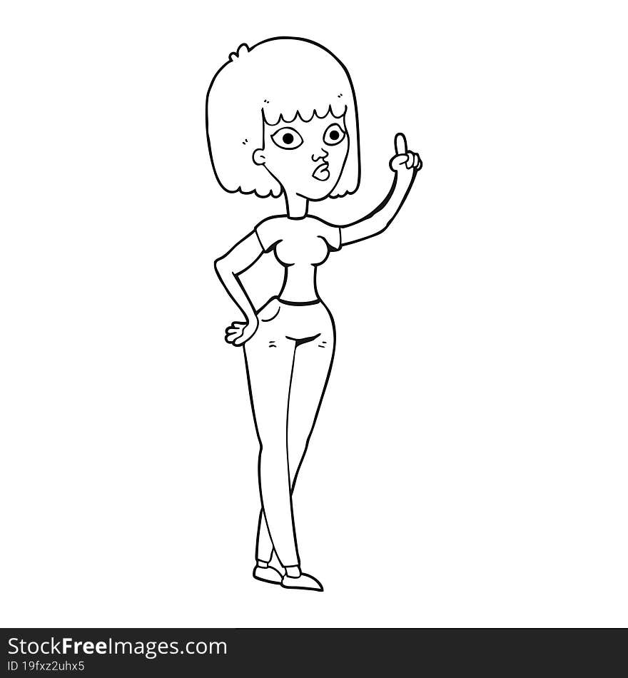 freehand drawn black and white cartoon woman with idea