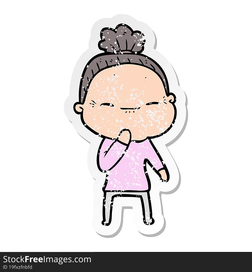 Distressed Sticker Of A Cartoon Peaceful Old Woman