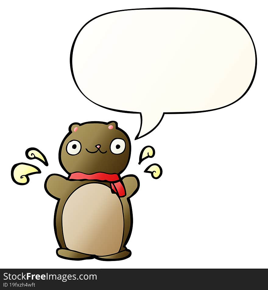 cartoon happy teddy bear and speech bubble in smooth gradient style