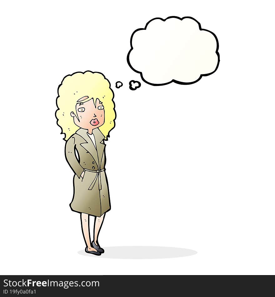 cartoon woman in trench coat with thought bubble