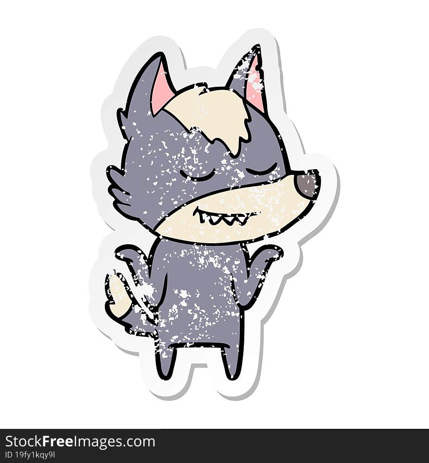 distressed sticker of a friendly cartoon wolf