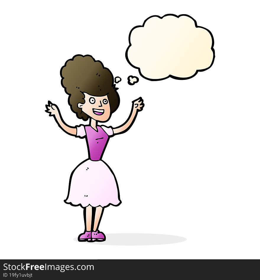 cartoon happy 1950 s woman with thought bubble