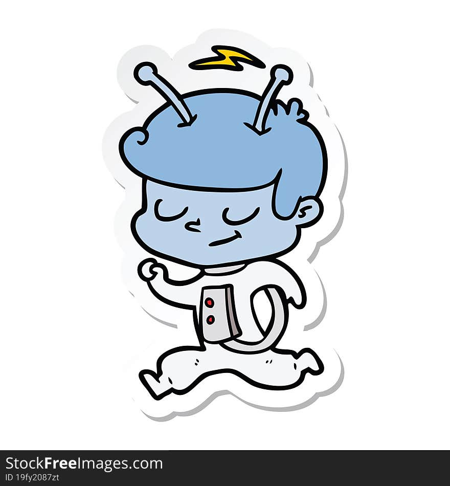 sticker of a friendly cartoon spaceman running