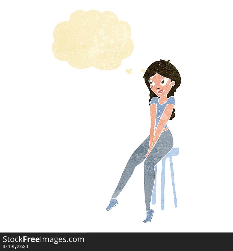 cartoon pretty girl on stool with thought bubble