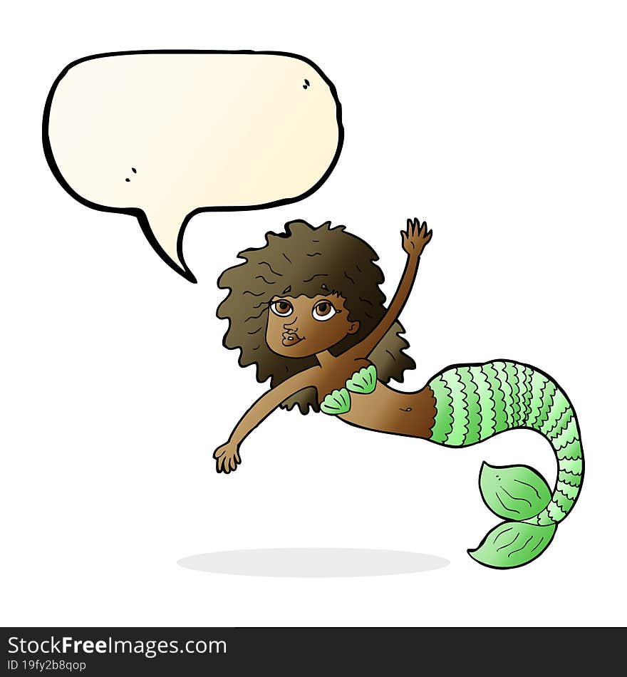 cartoon pretty mermaid waving with speech bubble