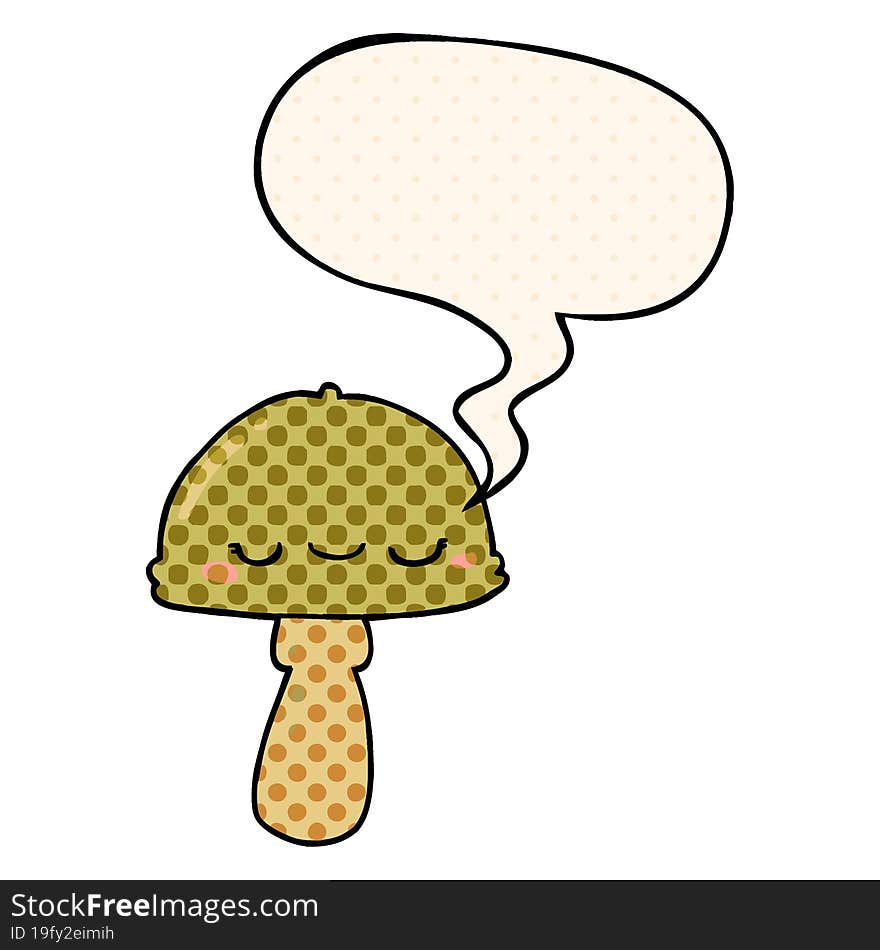 cartoon mushroom with speech bubble in comic book style