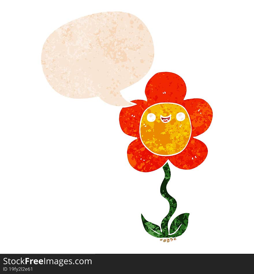 cartoon flower and speech bubble in retro textured style