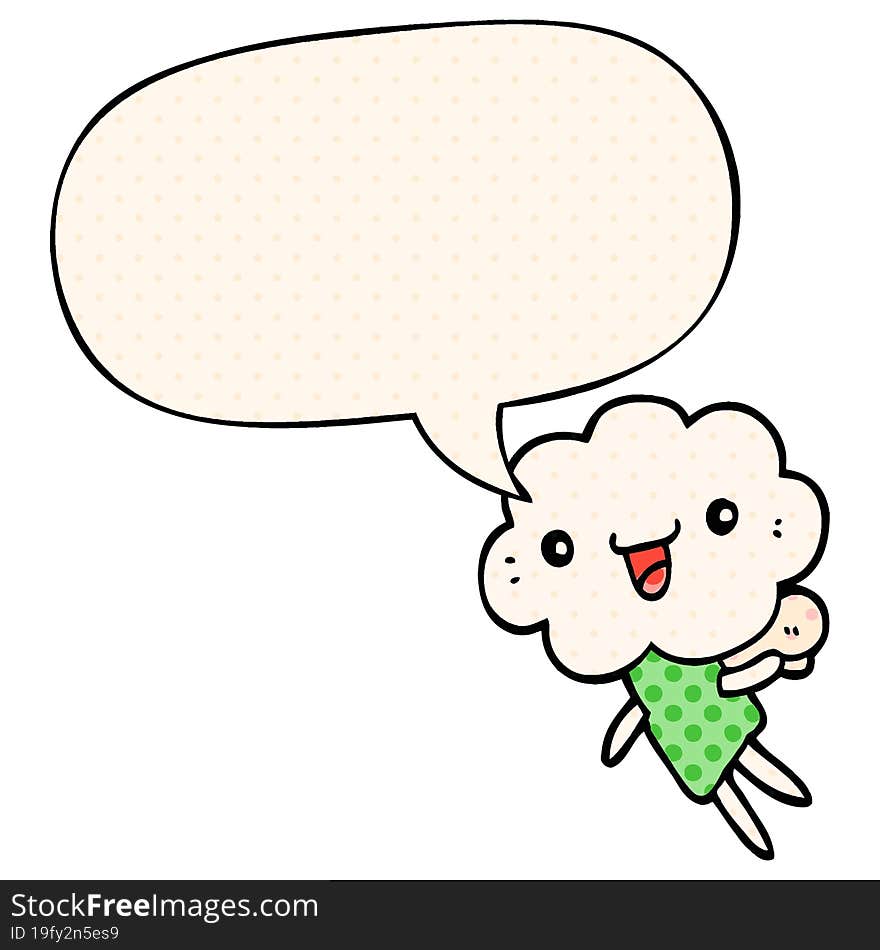 cartoon cloud head creature and speech bubble in comic book style