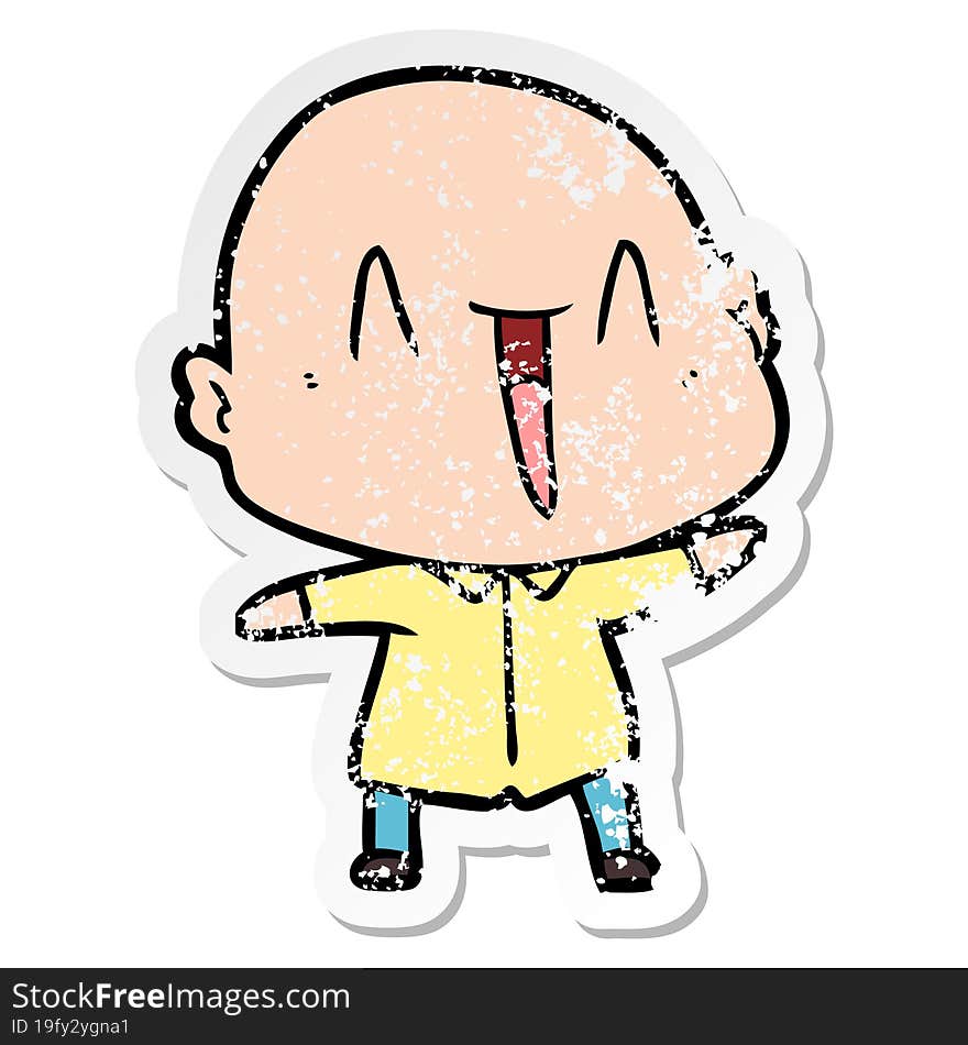 distressed sticker of a happy cartoon bald man