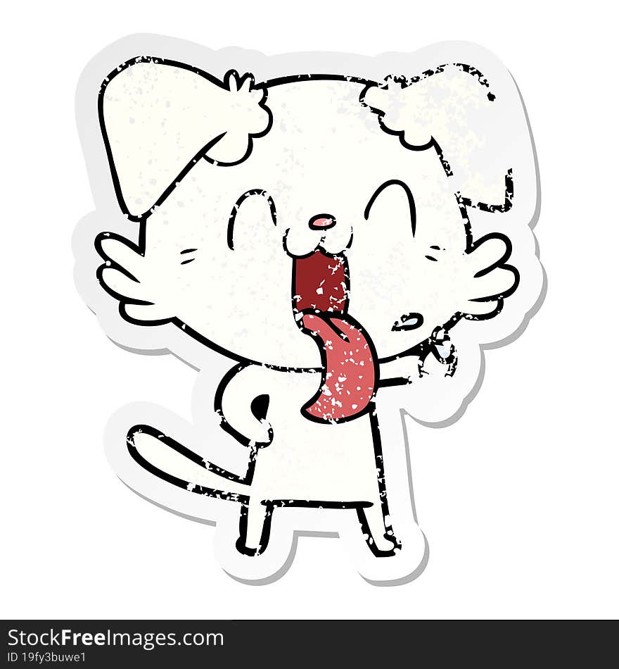 distressed sticker of a cartoon panting dog