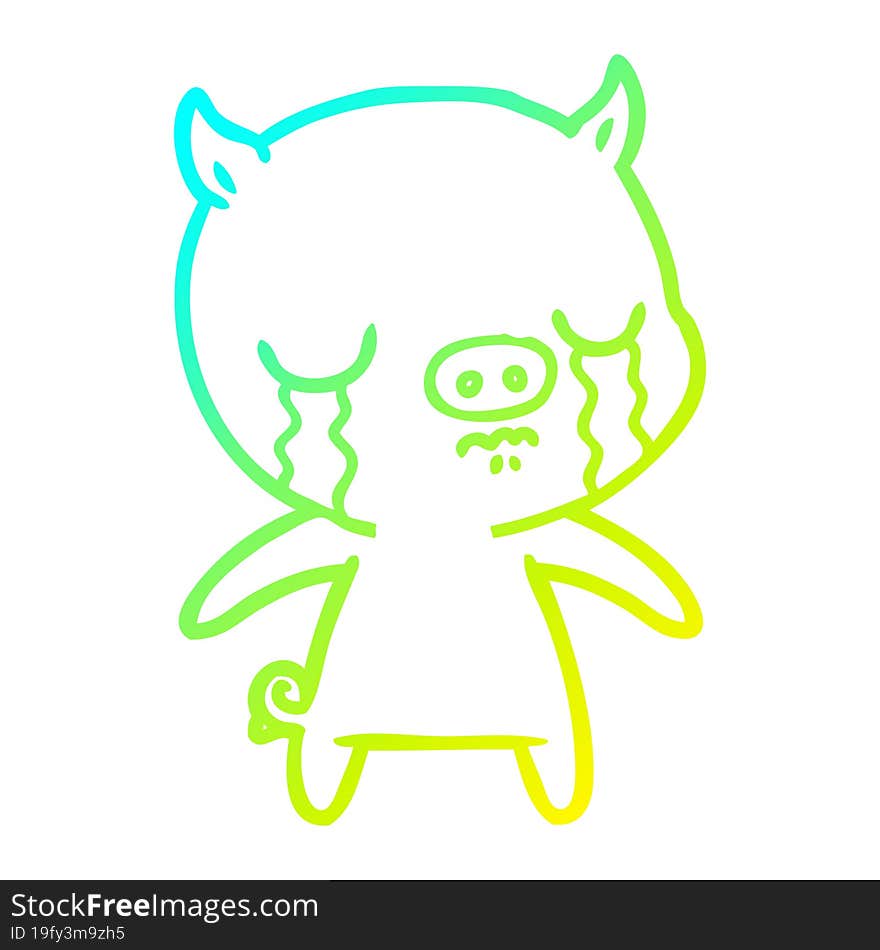 cold gradient line drawing of a cartoon pig crying