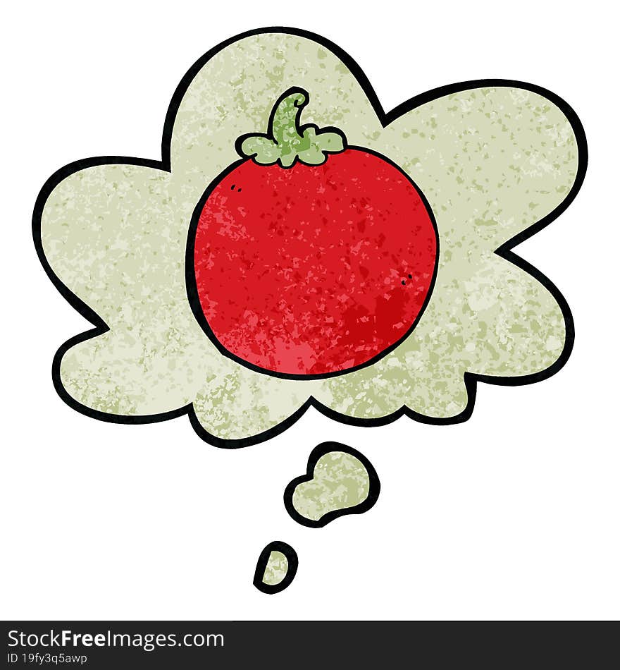 cartoon tomato and thought bubble in grunge texture pattern style