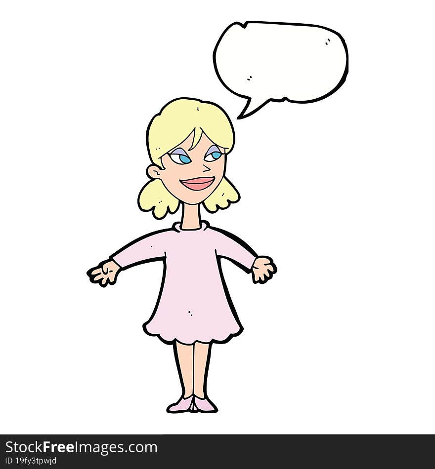 cartoon woman with open arms with speech bubble