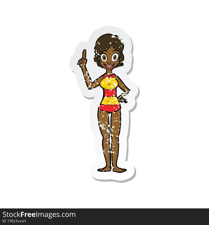 retro distressed sticker of a cartoon woman in striped swimsuit