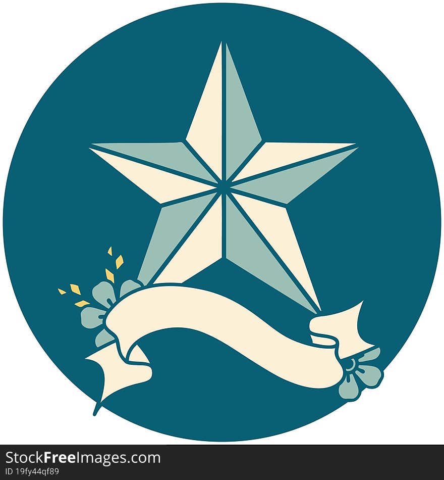 tattoo style icon with banner of a star