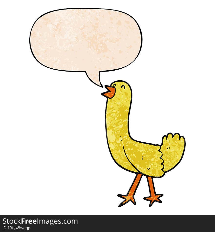 cartoon bird with speech bubble in retro texture style