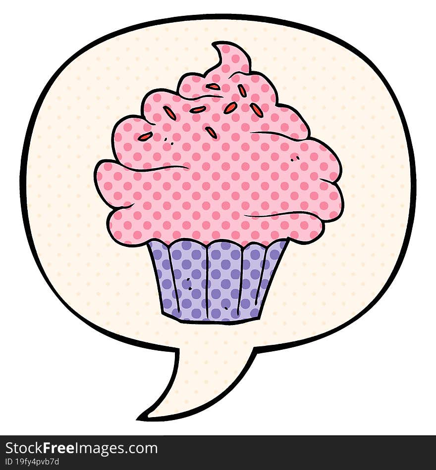 cartoon cupcake with speech bubble in comic book style