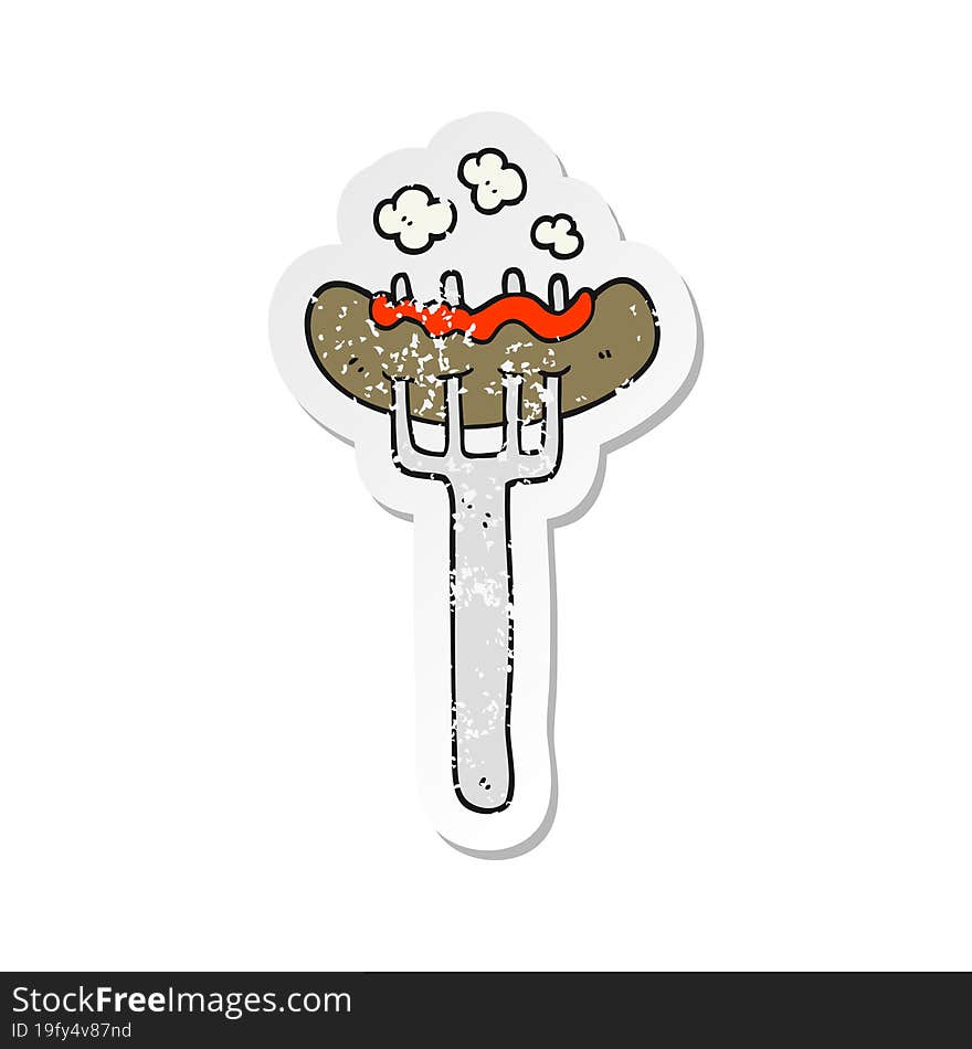 Retro Distressed Sticker Of A Cartoon Sausage On Fork