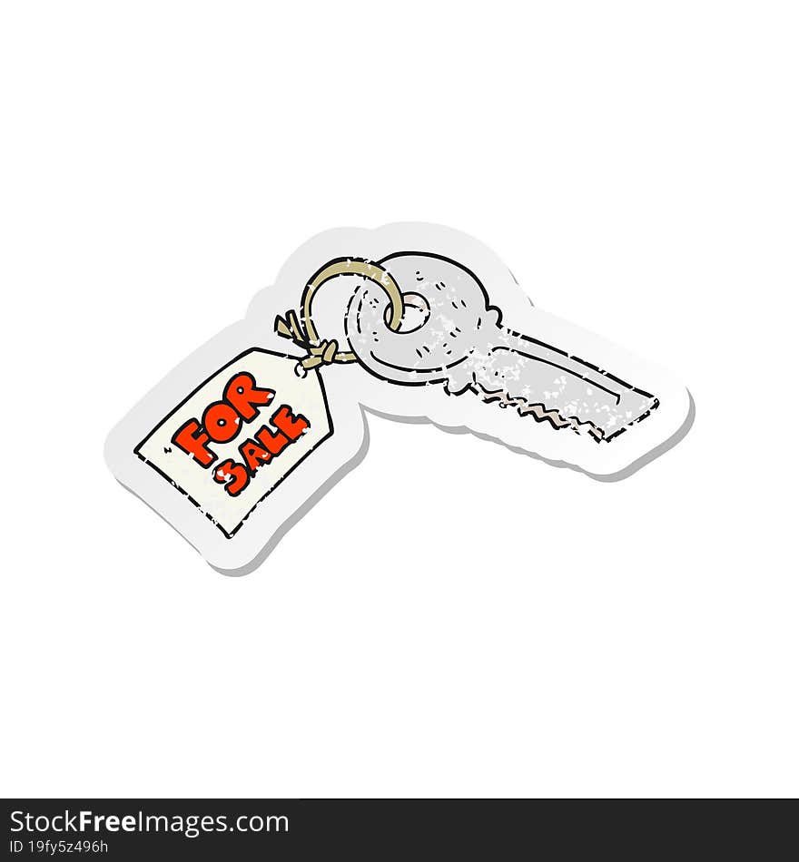 Retro Distressed Sticker Of A Cartoon House Key With For Sale Tag