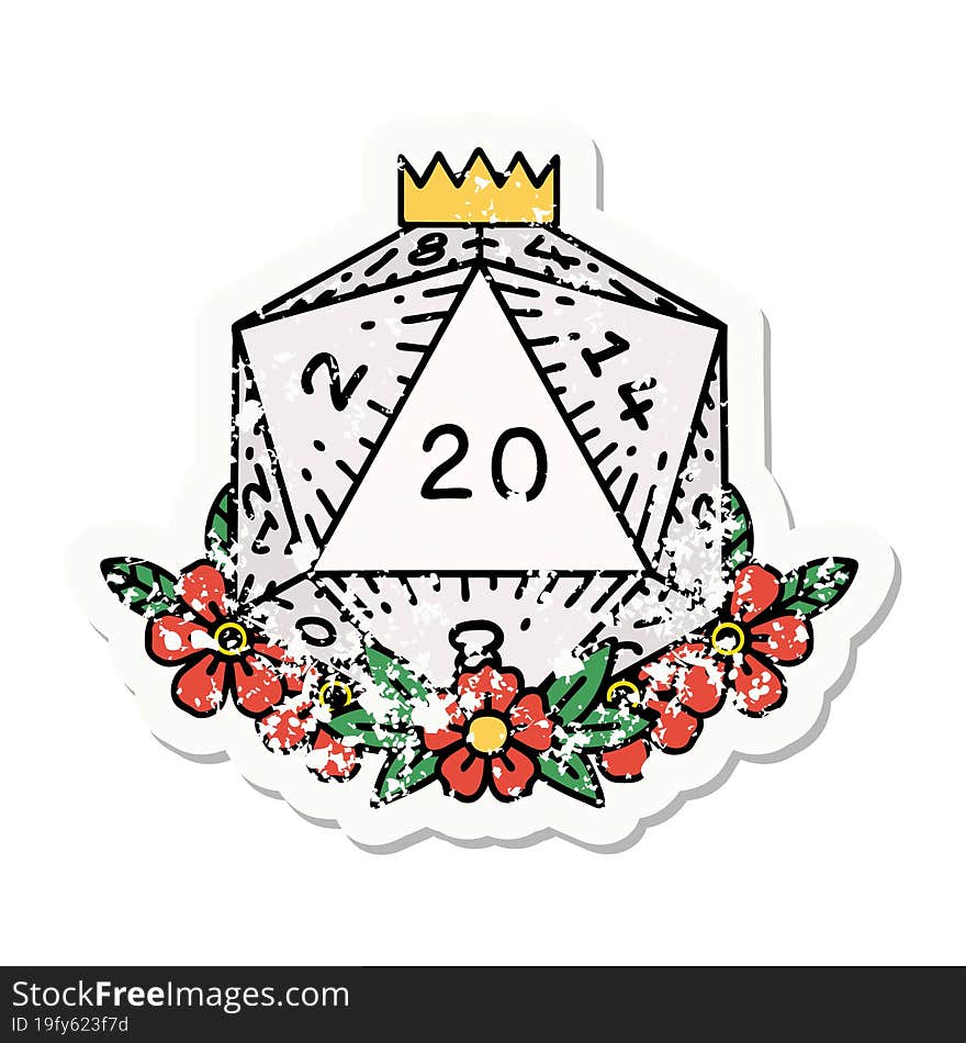 grunge sticker of a natural 20 D20 dice roll with floral elements. grunge sticker of a natural 20 D20 dice roll with floral elements