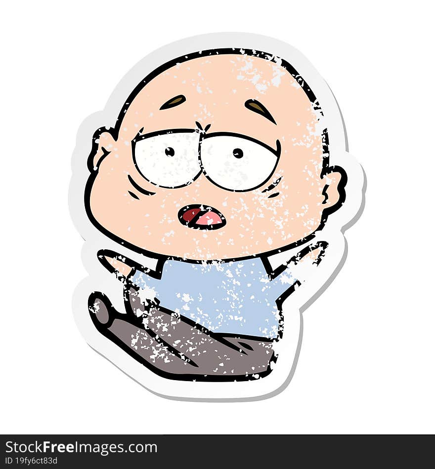 Distressed Sticker Of A Cartoon Tired Bald Man