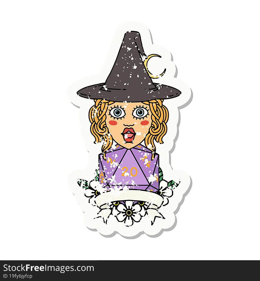 Retro Tattoo Style human witch with natural twenty dice roll. Retro Tattoo Style human witch with natural twenty dice roll