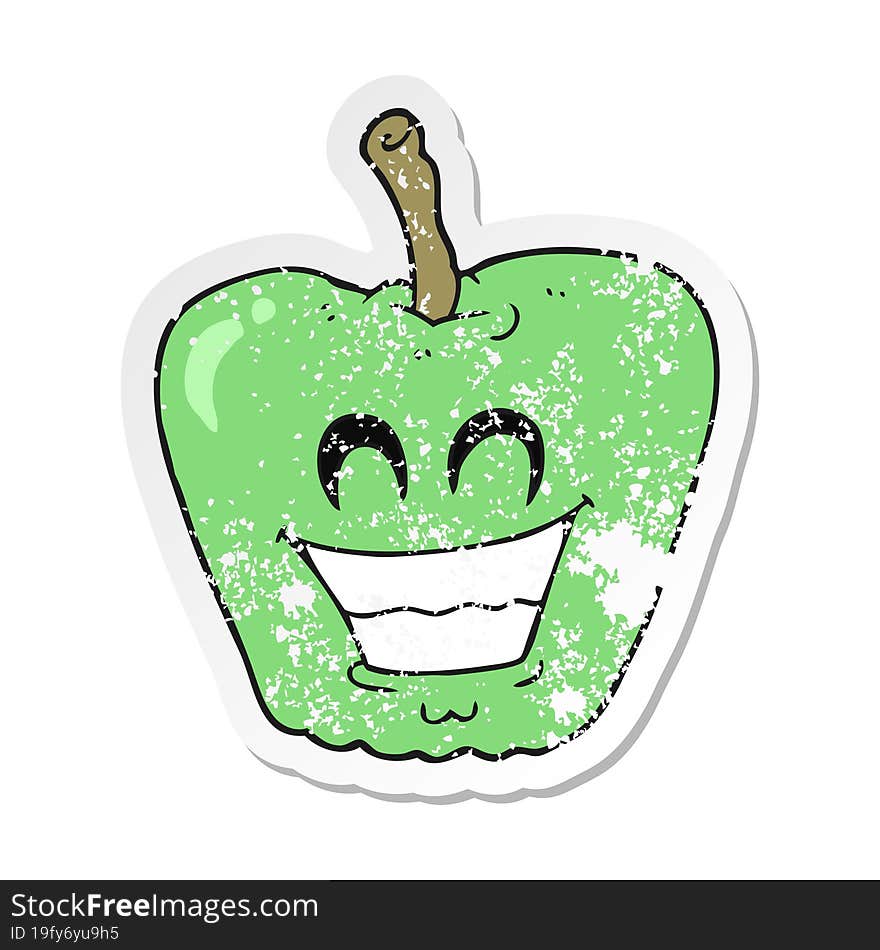 retro distressed sticker of a cartoon grinning apple