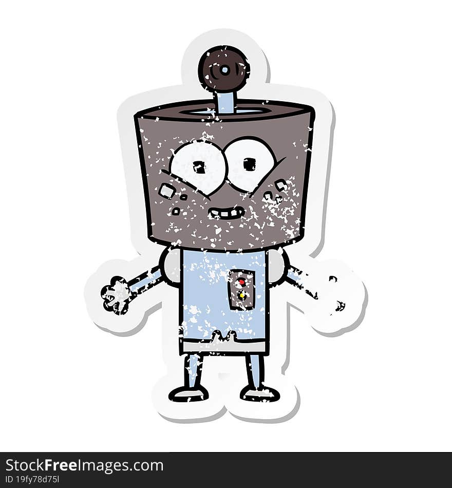 distressed sticker of a happy cartoon robot