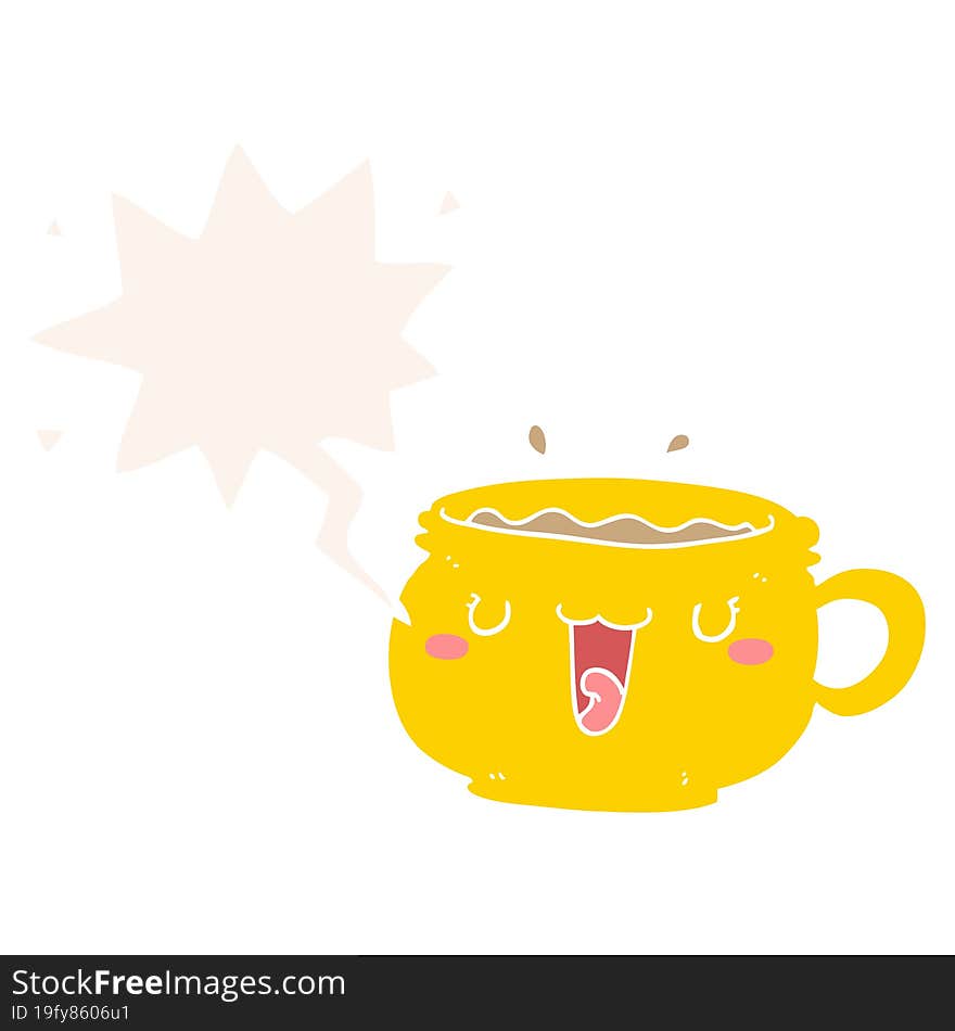 Cute Cartoon Coffee Cup And Speech Bubble In Retro Style