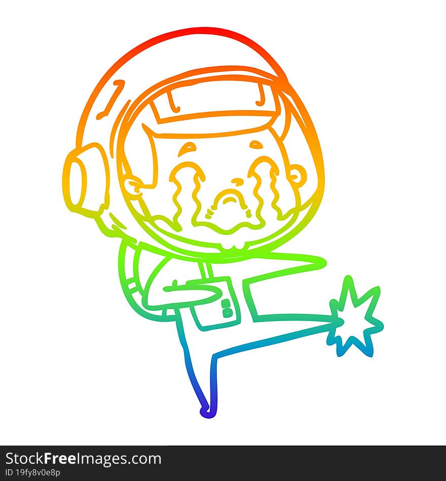 rainbow gradient line drawing of a cartoon crying astronaut