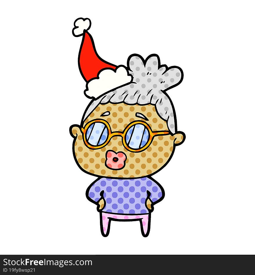 comic book style illustration of a librarian woman wearing spectacles wearing santa hat