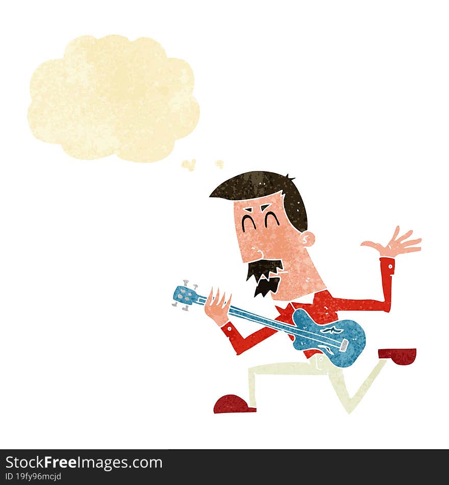 cartoon man playing electric guitar with thought bubble