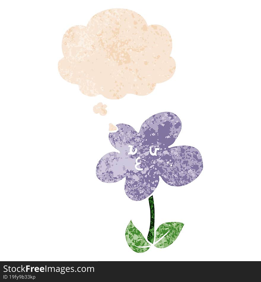 cartoon flower and thought bubble in retro textured style