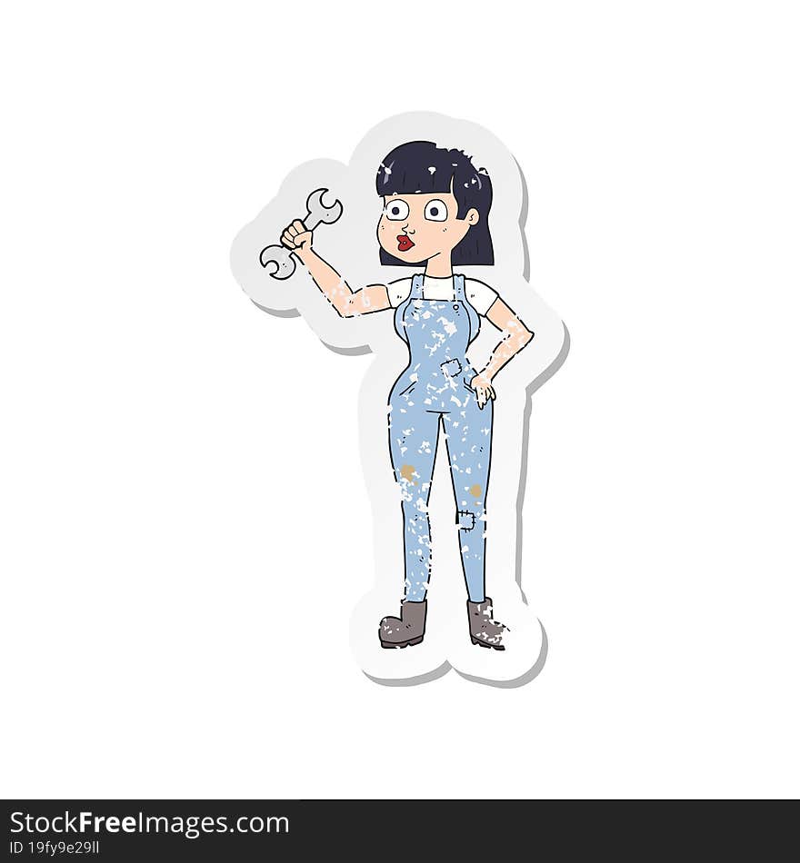 retro distressed sticker of a cartoon mechanic woman