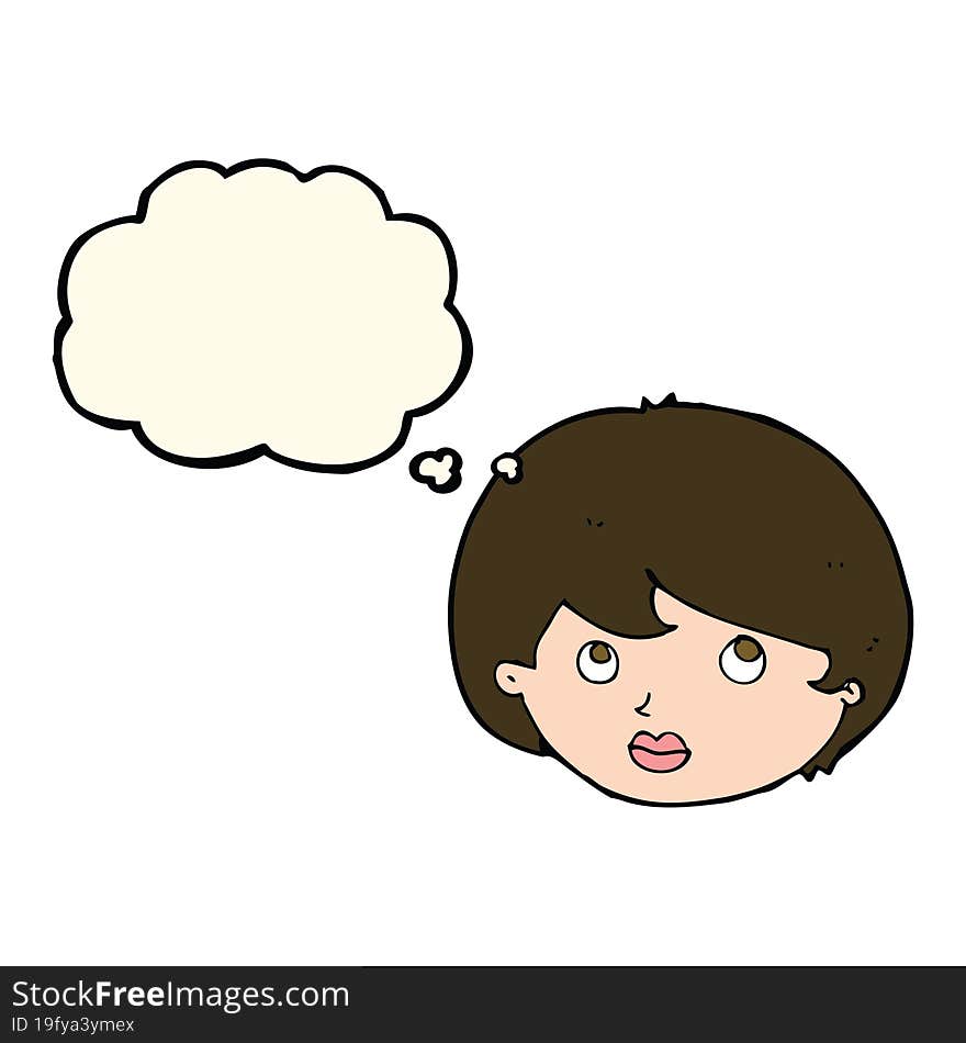 cartoon female face looking upwards with thought bubble