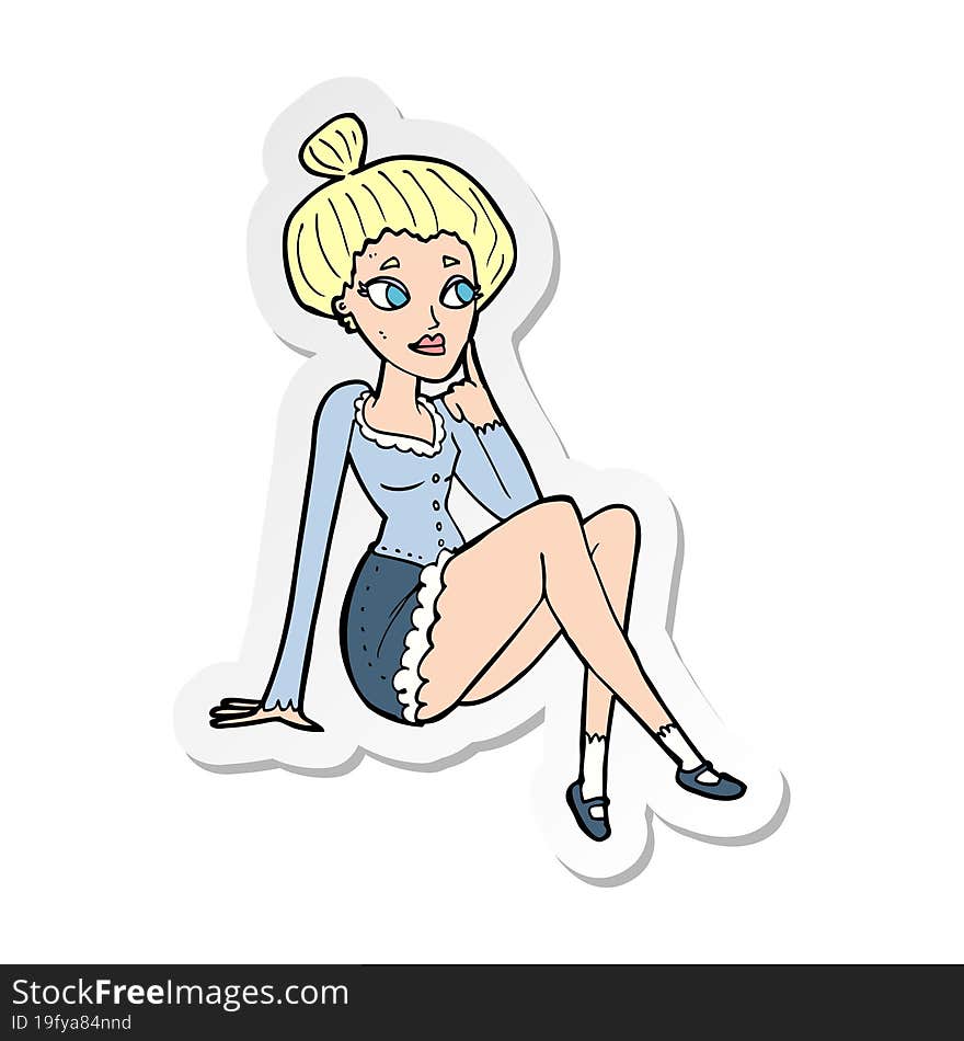 sticker of a cartoon attractive woman sitting thinking